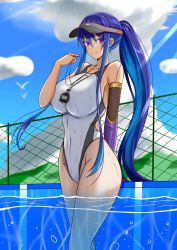 Rule 34 | 1girl, akiyama rinko, arm warmers, blue hair, blue sky, chain-link fence, cloud, commentary request, competition swimsuit, covered navel, cowboy shot, curvy, day, fence, highleg, highleg swimsuit, highres, long hair, looking at viewer, one-piece swimsuit, outdoors, partially underwater shot, ponytail, purple eyes, rekka (alo4610), single arm warmer, sky, smile, solo, standing, stopwatch, swimsuit, taimanin (series), taimanin yukikaze, very long hair, visor cap, watch, water, whistle, whistle around neck, white one-piece swimsuit, wide hips