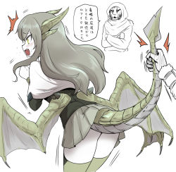 Rule 34 | armor, armored dress, dragon, dragon girl, horns, monster girl, okamura (okamura086), pale skin, personification, spikes, surprised, tail, tail grab, the elder scrolls, the elder scrolls v: skyrim, thighhighs, translation request, wide-eyed, wings, yellow eyes