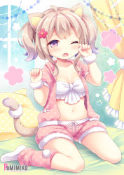 Rule 34 | 1girl, ahoge, animal ears, artist name, bed, breasts, brown hair, cat ears, cat tail, claw pose, cleavage, curtains, fang, flower, full body, hair flower, hair ornament, hairclip, hood, hoodie, loose socks, medium breasts, midriff, navel, on bed, one eye closed, open clothes, open hoodie, open mouth, original, pajamas, pink shorts, pomimiko, purple eyes, short sleeves, shorts, sitting, socks, solo, tail, two side up, wariza, watermark, web address, white socks, window