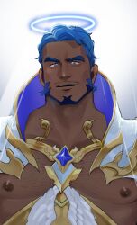 Rule 34 | 1boy, absurdres, armor, bara, beard, blue eyes, blue hair, blue halo, chest hair, collarbone, crave saga, dark-skinned male, dark skin, facial hair, glowing, glowing halo, halo, highres, looking down, male focus, muscular, muscular male, mustache stubble, nipples, parted lips, pectorals, short hair, simple background, solo, stubble, thick eyebrows, usuki (usukine1go), zegidoel (crave saga)
