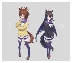 Rule 34 | 2girls, agnes tachyon (umamusume), ahoge, alternate legwear, animal ears, black hair, black sweater, blue sailor collar, blue thighhighs, blush, bow, bowtie, breasts, brown eyes, brown footwear, brown hair, buckle, buttons, closed mouth, commentary request, crossed arms, ear tag, earrings, eyelashes, full body, grey background, grin, hair between eyes, hand to own mouth, highres, horse ears, horse girl, horse tail, jewelry, kazu no reason, knees, loafers, long hair, long sleeves, looking at viewer, manhattan cafe (umamusume), medium breasts, miniskirt, multiple girls, pleated skirt, sailor collar, shoes, short hair, simple background, skirt, smile, standing, sweater, tail, thighhighs, umamusume, v arms, white bow, white bowtie, yellow eyes, yellow sweater