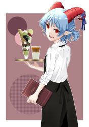 Rule 34 | 1girl, alternate costume, alternate hairstyle, apron, back, back bow, berry, black apron, black bow, black skirt, blackberry (fruit), blue hair, blue ribbon, book, border, bow, brown background, coffee, commentary request, cream, drink, earrings, eyes visible through hair, food, from side, glass, hands up, highres, horns, ice, ice cream, jewelry, long sleeves, looking at viewer, looking back, macaron, menu, oni tama, open mouth, outside border, pointy ears, ponytail, red eyes, ribbon, sharp teeth, shirt, short hair, short ponytail, skirt, smile, solo, standing, teeth, tongue, touhou, toutetsu yuuma, tray, white border, white shirt