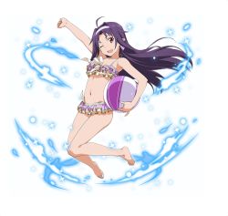 Rule 34 | 1girl, ahoge, arm up, ball, barefoot, beachball, bikini, bow, brown eyes, carrying, carrying under arm, feet, floating hair, frilled bikini, frills, full body, groin, hair bow, hair intakes, halterneck, halterneck, holding, holding ball, long hair, navel, official art, open mouth, pointy ears, purple hair, solo, swimsuit, sword art online, sword art online: code register, toes, transparent background, yuuki (sao)