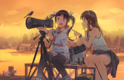Rule 34 | 2girls, binoculars, bird, black hair, blue eyes, brand name imitation, brown hair, camera, ddal, dock, female focus, lake, long hair, looking at another, md5 mismatch, multiple girls, open mouth, original, pointing, red eyes, resolution mismatch, short hair, shorts, skirt, smile, source larger, sunset, symbol-shaped pupils, thighhighs, tripod, twintails