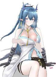 Rule 34 | 1girl, absurdres, arknights, bare shoulders, black gloves, black shorts, blue eyes, blue hair, blush, braid, clothes pull, condom, condom wrapper, detached collar, disembodied limb, dragon girl, dragon horns, dragon tail, earrings, elbow gloves, feet out of frame, gloves, highres, horns, jewelry, knee up, ling (arknights), long hair, looking at viewer, midriff peek, necktie, nipple slip, nipple stimulation, nipple tweak, nipple tweak through clothes, nipples, pointy ears, shirt, shirt pull, short shorts, shorts, simple background, single braid, sitting, solo focus, tail, thigh strap, very long hair, white background, white shirt, woon, yellow necktie