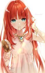 Rule 34 | 1girl, alternate costume, aqua eyes, bangle, bare arms, bare shoulders, blush, bracelet, closed mouth, commentary request, dress, genshin impact, hair brush, hair tie in mouth, highres, holding, holding hair, jewelry, long hair, memeno, mouth hold, necklace, nilou (genshin impact), no headwear, no horns, parted bangs, red hair, simple background, sleeveless, sleeveless dress, solo, twitter username, upper body, very long hair, white background, white dress