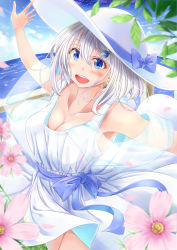 Rule 34 | 1girl, :d, absurdres, ayakase hotaru, balcony, blue dress, blue eyes, blue sky, bow, breasts, cleavage, collarbone, cowboy shot, day, dress, earrings, flower, hair ornament, hat, highres, jewelry, leaf, medium breasts, moe2020, ocean, open mouth, original, outdoors, outstretched arms, planet hair ornament, silver hair, sky, smile, solo, standing, star (sky), sun hat, sundress, teeth, upper teeth only, waist bow
