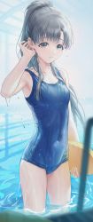 Rule 34 | 1girl, absurdres, bare arms, blue one-piece swimsuit, breasts, closed mouth, grey eyes, grey hair, highres, holding, idolmaster, idolmaster cinderella girls, kobayakawa sae, looking at viewer, medium breasts, one-piece swimsuit, ponytail, pool, school swimsuit, solo, swimsuit, tf18080512, wading, water, wet, wet clothes, wet swimsuit