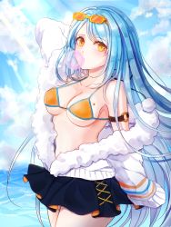 Rule 34 | 1girl, arm up, bare shoulders, bikini, bikini top only, black skirt, blue hair, blue sky, blush, breasts, blowing bubbles, chewing gum, cleavage, cloud, collarbone, day, eyewear on head, ferrel (rocher 71), fur-trimmed jacket, fur trim, girls&#039; frontline, hands in opposite sleeves, highres, jacket, light rays, long hair, long sleeves, looking at viewer, m249 saw (arctic fox) (girls&#039; frontline), m249 saw (girls&#039; frontline), medium breasts, miniskirt, o-ring, ocean, official alternate costume, open clothes, open jacket, orange bikini, outdoors, skirt, sky, solo, sunbeam, sunlight, swept bangs, swimsuit, tareme, very long hair, water, white jacket, yellow-framed eyewear, yellow eyes