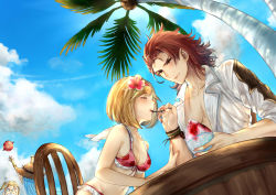 Rule 34 | 10s, 1boy, 3girls, absurdres, arms up, blonde hair, blue sky, bracelet, breasts, chair, cleavage, closed eyes, cloud, collarbone, day, djeeta (granblue fantasy), dutch angle, eating, feeding, flower, food, granblue fantasy, hair flower, hair ornament, hat, hibiscus, highres, io (granblue fantasy), jewelry, lyria (granblue fantasy), medium breasts, midriff, multiple girls, muscular, mythical world (shutan), open clothes, open shirt, palm tree, percival (granblue fantasy), percival (summer) (granblue fantasy), red hair, shaved ice, shirt, sitting, sky, spoon, straw hat, sun hat, tree, twintails, vyrn (granblue fantasy), wristband