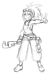 Rule 34 | 1girl, baggy pants, bare shoulders, breasts, flat chest, goggles, goggles on head, greyscale, grin, kekekeke, medium breasts, monochrome, no bra, original, overalls, oversized object, pants, ponytail, pouch, sideboob, sketch, smile, solo, v, wrench