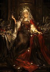Rule 34 | 1girl, black dress, cape, cup, dress, drinking glass, food, fruit, grapes, halo, highres, laurel crown, lm7 (op-center), long hair, original, red cape, red eyes, sitting, solo, white hair, wine glass