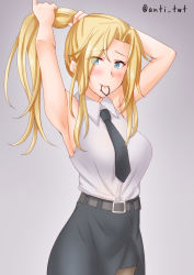 Rule 34 | 1girl, alternate hairstyle, anti (untea9), belt, black necktie, black skirt, blonde hair, commentary request, dress shirt, grey background, grey eyes, highres, holding, holding hair, hornet (kancolle), kantai collection, long hair, mouth hold, necktie, pantyhose, ponytail, rubber band, shirt, simple background, skirt, sleeveless, sleeveless shirt, solo, twitter username, white shirt