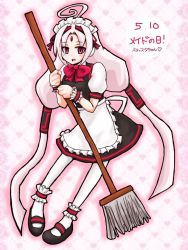 Rule 34 | 1girl, ahoge, alternate costume, ankle cuffs, apron, bad id, bad pixiv id, bow, broom, enmaided, forehead jewel, full body, hair tubes, hayase, huge ahoge, long hair, low twintails, maid, maid apron, maid headdress, mary janes, puffy sleeves, red bow, red eyes, shoes, solo, twintails, under night in-birth, vatista, very long hair, waist apron, white hair, white legwear, wrist cuffs