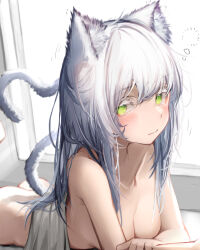 Rule 34 | 1girl, absurdres, animal ear fluff, animal ears, arknights, ass, blush, breasts, closed mouth, collarbone, green eyes, highres, long hair, looking at viewer, lying, medium breasts, on stomach, rosmontis (arknights), solo, squeans, tab head, tail, white hair