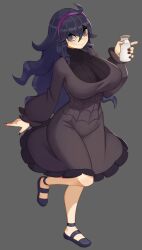 Rule 34 | 1girl, absurdres, ahoge, alternate breast size, black nails, blue hair, breasts, closed mouth, creatures (company), cup, dark blue hair, dress, flowers-imh, full body, game freak, grey background, hairband, hex maniac (pokemon), highres, large breasts, long hair, nail polish, nintendo, pokemon, pokemon xy, purple hairband, simple background, smile, solo, standing, wavy mouth