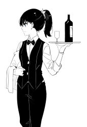 Rule 34 | 1girl, blue eyes, bottle, bow, bowtie, bracelet, closed mouth, collared shirt, commentary request, cup, drinking glass, feet out of frame, formal, greyscale, gridman universe, highres, holding, holding tray, jewelry, long hair, long sleeves, looking to the side, monochrome, ponytail, profile, shirt, sleeves rolled up, solo, spot color, ssss.gridman, suit, takarada rikka, towel on arm, traditional bowtie, tray, usamin (megumikira), waistcoat, waitress, wine bottle, wine glass