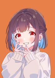 Rule 34 | 1girl, absurdres, blue hair, blue nails, blunt ends, blush, braid, brown hair, colored inner hair, commentary, earrings, finger to mouth, grin, half updo, highres, hozuki momiji, jewelry, long sleeves, looking at viewer, multicolored hair, nail polish, onii-chan wa oshimai!, orange background, pa panahana, red eyes, short hair, simple background, sleeves past wrists, smile, solo, sweater, turtleneck, turtleneck sweater, two-tone hair, upper body, white sweater