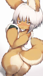 Rule 34 | 1other, absurdres, animal ears, ass, body fur, closed mouth, commentary, eating, eyes visible through hair, food, food on face, from behind, furry, gradient background, highres, holding, holding food, looking at viewer, made in abyss, nanachi (made in abyss), nude, onigiri, rice, rice on face, short hair, tab head, tail, whiskers, white background, white hair, yellow eyes