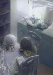 Rule 34 | 1girl, breakfast, child, chopsticks, glass, indoors, kitchen, lonely, messy room, newspaper, oota alisa, realistic, sleeping, solo, soy sauce, tissue, tissue box