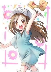 Rule 34 | 10s, 1girl, :d, arm up, bad id, bad pixiv id, blue shirt, blush, boots, brown eyes, brown hair, character name, clothes writing, commentary request, flag, flat cap, grey shorts, hat, hataraku saibou, highres, holding, holding flag, knee boots, long hair, looking at viewer, open mouth, outstretched arm, platelet (hataraku saibou), round teeth, shirt, short shorts, short sleeves, shorts, smile, solo, teeth, tsukiman, upper teeth only, very long hair, white hat