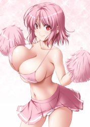 Rule 34 | 1girl, alternate costume, bare arms, bare shoulders, bikini, bikini top only, breasts, cheerleader, cleavage, closed mouth, covered erect nipples, cowboy shot, gradient background, highres, large breasts, looking at viewer, medium hair, miniskirt, navel, no shirt, nori tamago, panties, pink background, pink bikini, pink hair, pleated skirt, pom pom (cheerleading), red eyes, saigyouji yuyuko, skirt, smile, solo, sparkle, stomach, swimsuit, touhou, unaligned breasts, underwear, white background, white panties