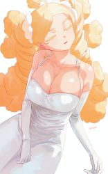 Rule 34 | 1girl, ahoge, blonde eyebrows, colored eyelashes, blonde hair, breasts, cleavage, collarbone, colored eyelashes, commentary, commentary request, dress, drill hair, earrings, elbow gloves, english commentary, closed eyes, gloves, hair ornament, halter dress, halterneck, head tilt, highres, jewelry, large breasts, long hair, mixed-language commentary, mofu mofuko (ryusei hashida), original, parted lips, ryusei hashida, signature, simple background, skindentation, solo, thighs, twin drills, very long hair, white background, white dress, white gloves