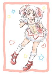 Rule 34 | 1girl, bubble skirt, choker, dress, ehime (ehime mikan), frills, gloves, heart, kaname madoka, kneehighs, leaning forward, magical girl, mahou shoujo madoka magica, mahou shoujo madoka magica (anime), pink eyes, pink hair, short hair, short twintails, skirt, smile, socks, solo, twintails, white gloves, white socks