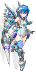 Rule 34 | 1girl, armpits, blue hair, blue thighhighs, bob cut, breasts, cleavage, densou tenshi valforce, elbow gloves, gloves, hair intakes, huge weapon, kannagi ai, karukan (monjya), lance, mecha musume, mechanical arms, one-piece swimsuit, polearm, red eyes, school swimsuit, short hair, single mechanical arm, small breasts, solo, swimsuit, thighhighs, thrusters, weapon, white one-piece swimsuit