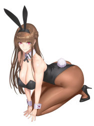Rule 34 | 1girl, all fours, animal ears, bare shoulders, blunt bangs, blush, breasts, brown hair, brown pantyhose, cleavage, damegane, detached collar, fake animal ears, high heels, highres, large breasts, leotard, long hair, looking at viewer, original, pantyhose, playboy bunny, rabbit ears, rabbit tail, red eyes, sakura (damegane), simple background, solo, tail, white background, wrist cuffs