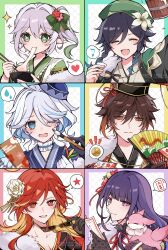 2boys 4girls ahoge animal animal_on_shoulder annoyed beer_mug black_gloves black_hair blonde_hair blue_eyes blue_hair blue_hat blue_kimono blush border bow bowl braid brown_hair calligraphy_brush chestnut_mouth choko_(cup) chopsticks closed_eyes colored_inner_hair commentary_request cup ekua_piyo flower flower-shaped_pupils food furina_(genshin_impact) genshin_impact gloves gradient_hair green_bow green_eyes green_hair green_kimono grey_hair grid_background hagoita hair_bow hair_flower hair_ornament hand_fan hane_(hanetsuki) hat heart highres holding holding_bowl holding_chopsticks holding_cup holding_fan holding_removed_eyewear japanese_clothes kimono light_smile looking_at_viewer mavuika_(genshin_impact) mochi mochi_trail mora_(genshin_impact) mug multicolored_hair multiple_boys multiple_girls musical_note nahida_(genshin_impact) omikuji one_eye_closed open_mouth paddle paintbrush pointy_ears purple_eyes purple_hair raiden_shogun rectangular_eyewear red_eyes red_hair red_kimono short_hair smile sparkle spoken_heart spoken_musical_note spoken_star spoken_sweatdrop star_(symbol) sunglasses sweatdrop symbol-shaped_pupils twin_braids unworn_eyewear venti_(genshin_impact) white_background white_flower white_gloves yae_miko yae_miko_(fox) yellow_eyes zhongli_(genshin_impact)