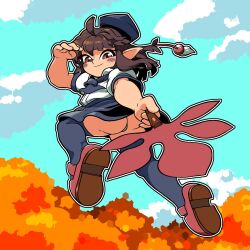 Rule 34 | 1girl, ahoge, ascot, ass, autumn leaves, black ascot, black skirt, black thighhighs, blue sky, blush, brown hair, closed mouth, cloud, collared shirt, commentary request, from below, full body, hat, hauchiwa, highres, holding, looking at viewer, looking back, mary janes, medium bangs, medium hair, panties, pointy ears, red eyes, red footwear, shameimaru aya, shirt, shoes, skirt, sky, smile, solo, thighhighs, tokin hat, tonchamon san, touhou, underwear, upskirt, white panties, white shirt
