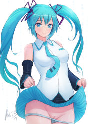 Rule 34 | 1girl, blouse, blue hair, blue nails, blue panties, cleft of venus, clothes lift, detached sleeves, hatsune miku, highres, lifting own clothes, looking at viewer, mezzo (orbanga21), nail polish, necktie, panties, panty pull, pussy, revision, shirt, skirt, skirt lift, smile, solo, standing, twintails, uncensored, underwear, vocaloid, white background, white shirt
