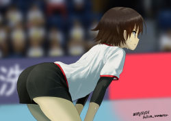 Rule 34 | 1girl, artist name, ass, autism wanderer, bad id, bad pixiv id, bent over, black shorts, blush, brown eyes, brown hair, dated, girls und panzer, gym, gym shorts, highres, indoors, isobe noriko, open mouth, shirt, short hair, shorts, solo, sportswear, sweat, volleyball uniform, white shirt