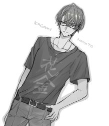 Rule 34 | 1boy, belt, belt buckle, buckle, character name, clothes writing, collarbone, dutch angle, glasses, grey outline, greyscale, hair between eyes, hand on own hip, headset, kagami hayato, looking at viewer, male focus, monochrome, nijisanji, outline, pants, shikino yuki, shirt, short sleeves, solo, translation request, virtual youtuber, white background