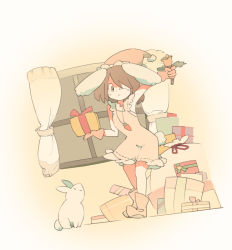 Rule 34 | 1girl, animal ears, bell, boots, brown hair, rabbit, rabbit ears, carrot, climacool06, curtains, female focus, gift, gloves, hat, inaba tewi, jewelry, koukou (climacool), one eye closed, pendant, santa hat, solo, touhou, window