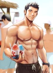 Rule 34 | 1boy, abs, bara, commentary request, food, gentle2nd, large pectorals, looking at viewer, male focus, mature male, muscular, muscular male, navel, nipples, original, pectorals, shaved ice, smile, solo, stomach, topless male
