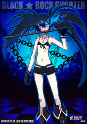 Rule 34 | 1girl, belt, bikini, black bikini, black hair, black rock shooter, black rock shooter (character), black shorts, blood, blood on face, bloody weapon, blue eyes, blue fire, boots, chain, fire, flaming eye, flat chest, gloves, highres, katana, licking blood, long hair, looking at viewer, pale skin, shorts, skajrzombie, solo, swimsuit, sword, twintails, weapon