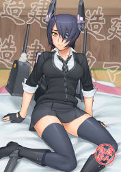 Rule 34 | 10s, 1girl, bang-you, black thighhighs, blush, breasts, covered erect nipples, eyepatch, fingerless gloves, frown, gloves, headgear, highres, kantai collection, machinery, necktie, personification, purple hair, scabbard, sheath, short hair, sitting, skirt, solo, sweater vest, sword, tenryuu (kancolle), thighhighs, weapon, yellow eyes