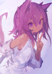 Rule 34 | 1girl, absurdres, animal ears, bare shoulders, closed mouth, detached sleeves, dress, hand up, highres, kaamin (mariarose753), long hair, long sleeves, looking at viewer, original, purple eyes, purple hair, sketch, solo, tail, v, white dress, white sleeves