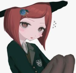 Rule 34 | 1girl, black jacket, blush stickers, brown eyes, brown pantyhose, brown sweater vest, collared shirt, danganronpa (series), danganronpa v3: killing harmony, dress shirt, feet out of frame, flying sweatdrops, gem hair ornament, grey shirt, highres, jacket, kakuzatou (sugar xouox), long sleeves, open mouth, pantyhose, red hair, shirt, short hair, solo, sweater vest, swept bangs, white background, white shirt, yumeno himiko