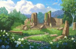 Rule 34 | 1girl, blonde hair, cloud, commentary, dress, english commentary, flower, grass, joanne tran, long dress, nature, nintendo, outdoors, pillar, plant, princess zelda, ruins, scenery, sitting, stairs, the legend of zelda, the legend of zelda: breath of the wild, tree, very wide shot, white dress, white flower