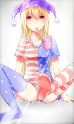 Rule 34 | 1girl, american flag dress, american flag legwear, blonde hair, blush, clownpiece, convenient censoring, convenient leg, feet, gradient background, hat, he2kin, jester cap, looking at viewer, mouth hold, no shoes, print thighhighs, red eyes, short sleeves, sitting, smile, solo, star (symbol), striped clothes, striped thighhighs, thighhighs, touhou