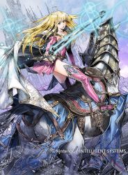 Rule 34 | 1girl, armor, armored boots, blonde hair, boots, breastplate, cape, castle, choker, dress, elbow gloves, fingerless gloves, fire emblem, fire emblem: genealogy of the holy war, fire emblem cipher, full body, glint, gloves, glowing, glowing weapon, highres, hirooka masaki, image sample, lachesis (fire emblem), long hair, looking at viewer, nintendo, official art, open mouth, pegasus, pegasus knight uniform (fire emblem), pink gloves, pink thighhighs, short dress, solo, straight hair, sword, thigh boots, thighhighs, thighs, twitter sample, watermark, weapon, yellow eyes