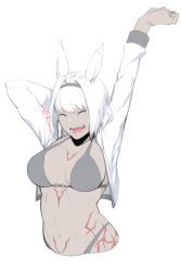 Rule 34 | 1girl, animal ears, arms up, bikini, breasts, caenis (fate), chest tattoo, commentary request, dark-skinned female, dark skin, dyun, closed eyes, fate/grand order, fate (series), headband, jacket, large breasts, long sleeves, navel, open mouth, short hair, simple background, solo, stomach tattoo, stretching, swimsuit, tattoo, teeth, tongue, upper body, white background, white hair, yawning