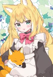 Rule 34 | 1girl, animal ear fluff, animal ears, apron, black dress, blonde hair, bow, colored inner hair, commentary, dress, fang, food, fox, fox ears, fox girl, fox tail, fruit, fuwafuwa-chan (kamiyoshi rika), grapes, green eyes, highres, kamiyoshi rika, light blush, long hair, long sleeves, looking at viewer, maid, maid apron, multicolored hair, open mouth, original, plant, red bow, sitting, smile, solo, tail, very long hair