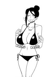 Rule 34 | 1girl, asymmetrical bangs, bare shoulders, bijin onna joushi takizawa-san, bikini, black eyes, black hair, blush, bouncing breasts, breasts, cleavage, collarbone, earrings, female focus, hair bun, hourglass, jewelry, large breasts, long bangs, midriff, mole, mole under mouth, monochrome, navel, necklace, parted bangs, pen (medium), sagging breasts, shiny clothes, simple background, solo, solo focus, sound effects, standing, swimsuit, takizawa kyouko, traditional media, upper body, white background, yan-baru