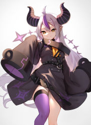 Rule 34 | 1girl, ahoge, arm at side, belt, black dress, braid, braided bangs, breasts, chain, closed mouth, cowengium, cross, demon horns, dress, fang, fang out, feet out of frame, grey background, hair between eyes, hand up, highres, hololive, horns, la+ darknesss, la+ darknesss (1st costume), long hair, long sleeves, looking at viewer, multicolored hair, neckerchief, o-ring, pointy ears, purple hair, purple thighhighs, side slit, silver hair, simple background, single braid, single thighhigh, sleeves past fingers, sleeves past wrists, small breasts, smile, solo, standing, streaked hair, striped horns, thigh gap, thighhighs, very long hair, very long sleeves, virtual youtuber, wide sleeves, yellow eyes, yellow neckerchief