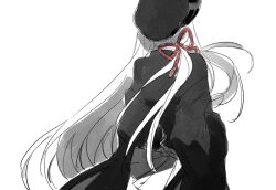 Rule 34 | 1girl, bad id, bad pixiv id, black shirt, bow, from behind, hat, long hair, long sleeves, lunch (lunchicken), original, shirt, simple background, solo, upper body, white background, white hair