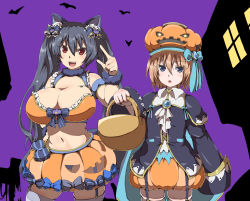 Rule 34 | 2girls, :d, animal ears, bare shoulders, basket, bat (animal), black bow, black hair, black jacket, blanc (neptunia), blue bow, blue cape, blue eyes, blue ribbon, bow, breasts, brooch, brown hair, bubble skirt, building, cape, cat ears, cat tail, chestnut mouth, choujigen game neptune, collared shirt, commentary request, cowboy shot, crown495, frills, garter straps, hair bow, hand up, hat, hat bow, holding, holding basket, huge breasts, jacket, jewelry, long hair, long sleeves, looking at viewer, midriff, multiple girls, navel, neptune (series), noire (neptunia), open mouth, orange skirt, outstretched arm, paw print, plump, pumpkin hat, purple background, red eyes, ribbon, scrunchie, shirt, short hair, simple background, skindentation, skirt, smile, stomach, striped, striped bow, tail, thighhighs, twintails, window, wrist scrunchie